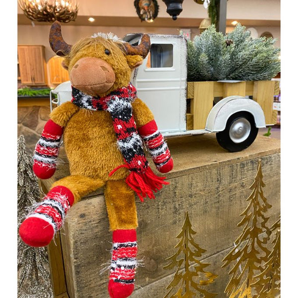 Red Hat Highland Cow Stuffie available at Quilted Cabin Home Decor.