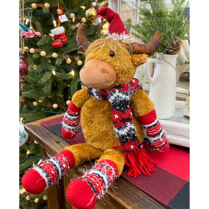 Red Hat Highland Cow Stuffie available at Quilted Cabin Home Decor.