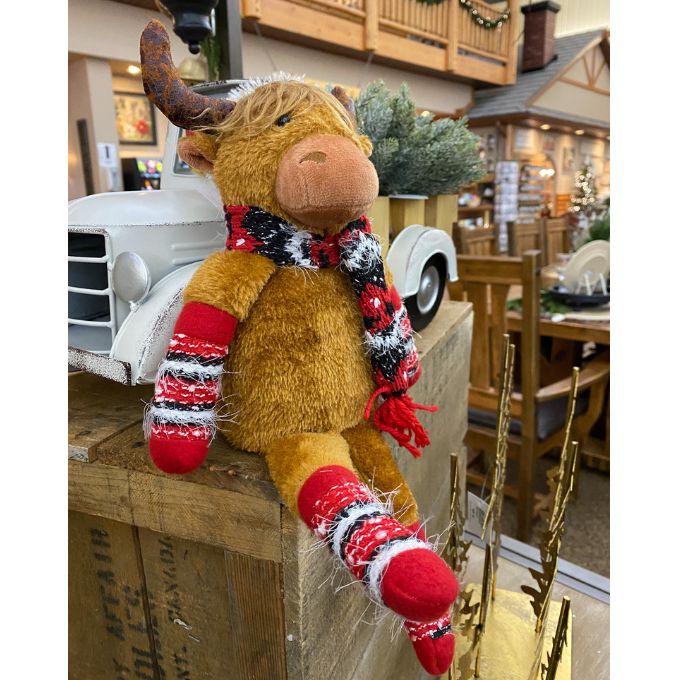 Red Hat Highland Cow Stuffie available at Quilted Cabin Home Decor.