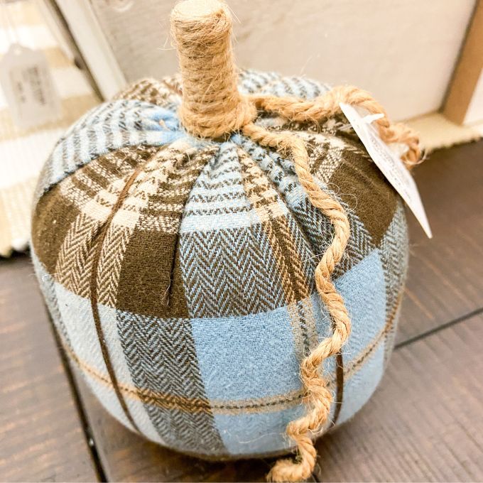 Brown and Blue Plaid Fabric Pumpkin - Three Sizes available at Quilted Cabin Home Decor.