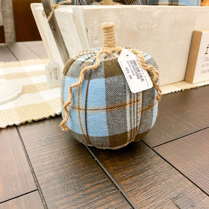 Brown and Blue Plaid Fabric Pumpkin - Three Sizes available at Quilted Cabin Home Decor.