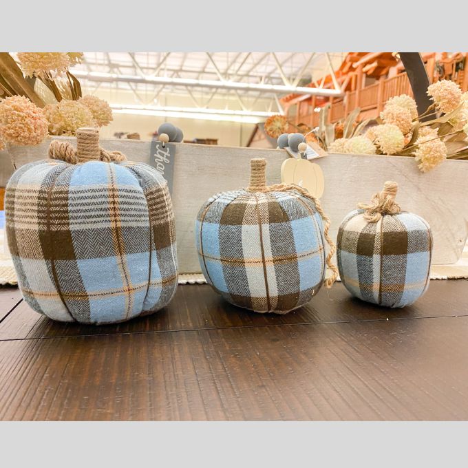 Brown and Blue Plaid Fabric Pumpkin - Three Sizes available at Quilted Cabin Home Decor.