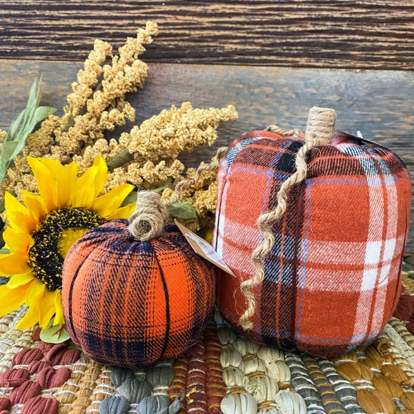 Orange Plaid Fabric Pumpkins available at Quilted Cabin Home Decor.