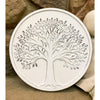 Decorative round wall art with tree of life design. Whitewashed Tree of Life Wall Art available at Quilted Cabin Home Decor.