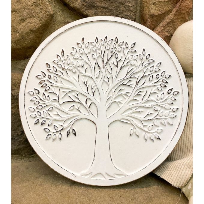 Decorative round wall art with tree of life design. Whitewashed Tree of Life Wall Art available at Quilted Cabin Home Decor.