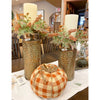 Orange Buffalo Check Fabric Pumpkins available in three different sizes available at Quilted Cabin Home Decor.