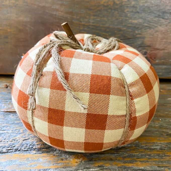 Orange Buffalo Check Fabric Pumpkins available in three different sizes available at Quilted Cabin Home Decor.