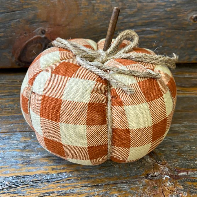 Orange Buffalo Check Fabric Pumpkins available in three different sizes available at Quilted Cabin Home Decor.