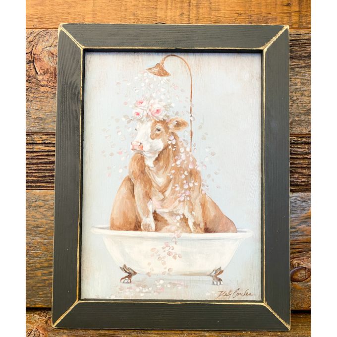 Petals in the Tub Heifer Framed Art Print available at Quilted Cabin Home Decor.