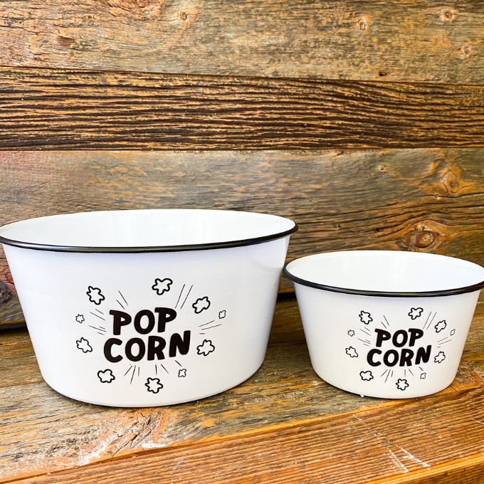 Enamel Popcorn Bowl - Large and Small available at Quilted Cabin Home Decor.