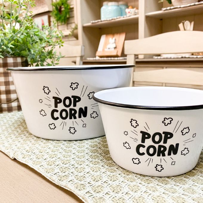 Enamel Popcorn Bowl - Large and Small available at Quilted Cabin Home Decor.