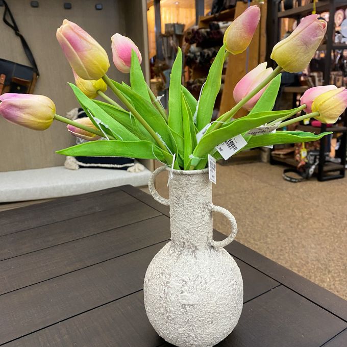 Decorative vase with pink and yellow tulips on a wooden surface. 
Rustic Metal Vases - Two Colours available at Quilted Cabin Home Decor.
