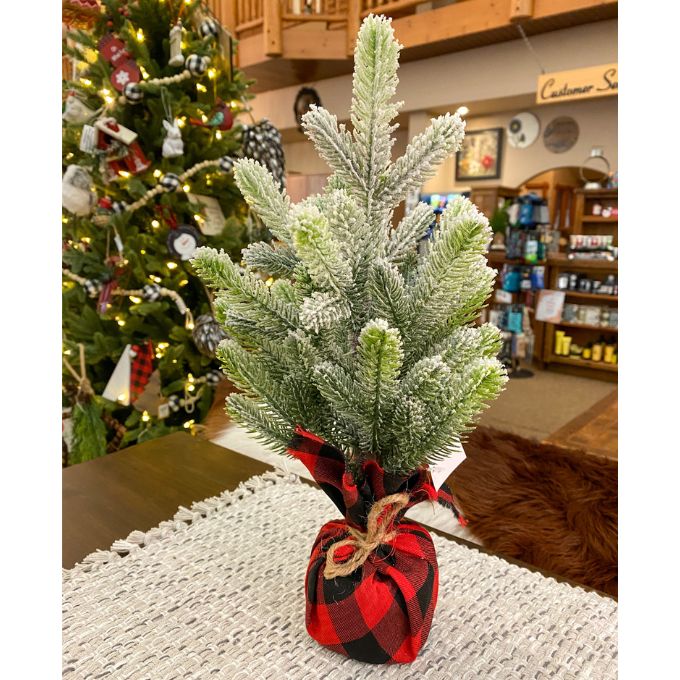 Pine Tree with Red & Black Buffalo Plaid Base available at Quilted Cabin Home Decor.