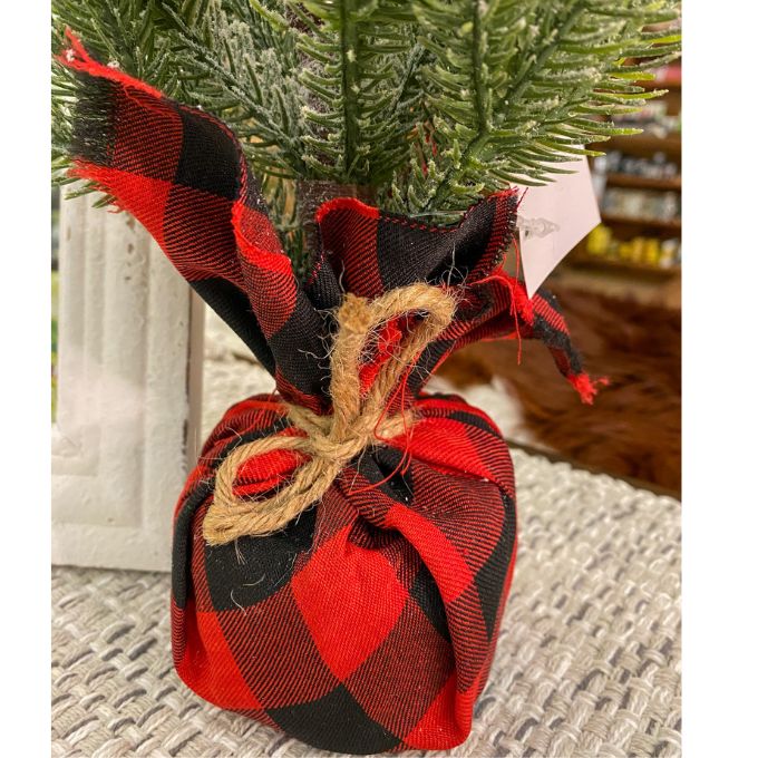 Pine Tree with Red & Black Buffalo Plaid Base available at Quilted Cabin Home Decor.