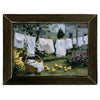 Framed artwork of a scene with laundry hanging on a line, a basket, and ducklings in a garden available at Rustic Ranch Furniture in Airdrie