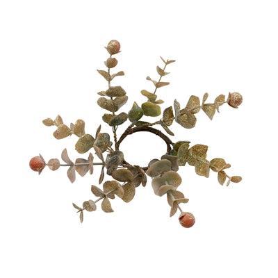 An artificial eucalyptus wreath with dried olive-green leaves, brown branches, and small reddish-brown berries available at Quilted Cabin in Airdrie