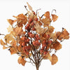 Autumn artificial floral branch with brown branches, warm orange and beige leaves, and clusters of small reddish-brown berries on a white background.  Autumn florals available at Quilted Cabin in Airdrie