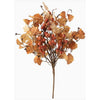 An artificial autumn leaf and berry branch with tan, orange, and cream leaves, small reddish-brown berries, and brown stems on a white background. Florals available at Quilted Cabin in Airdrie