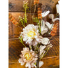 Artificial flowers with white and beige blooms on a wooden background. Brown and Tan Flower and White Eucalyptus Spray available at Quilted Cabin Home Decor.