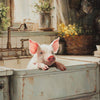 Farmhouse Kitchen Painting of a pig in a kitchen sink with a rustic wooden frame available at Rustic Ranch Furniture in Airdrie