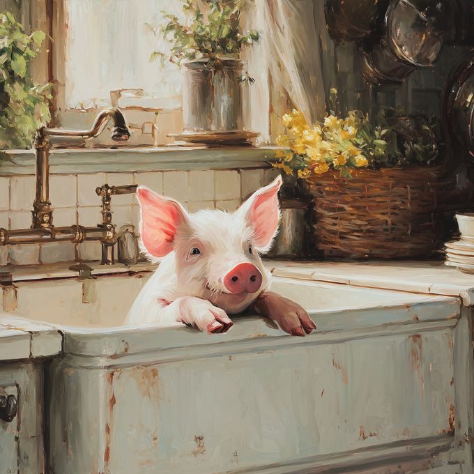 Farmhouse Kitchen Painting of a pig in a kitchen sink with a rustic wooden frame available at Rustic Ranch Furniture in Airdrie