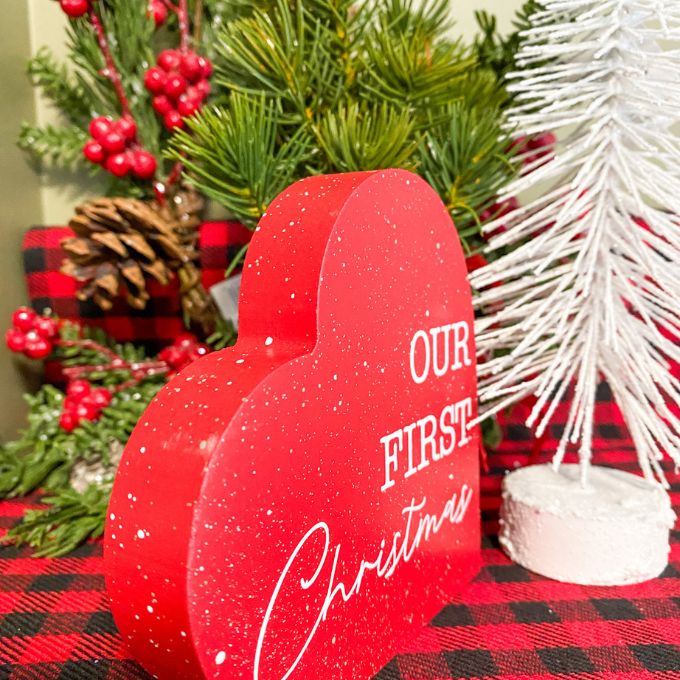 Our First Christmas Red Heart Shaped Block available at Quilted Cabin Home Decor.