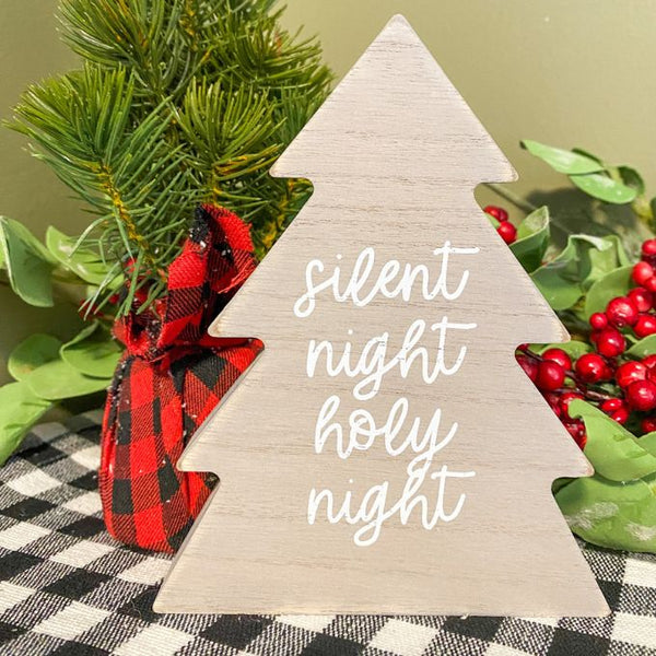 Silent Night Holy Night Wooden Tree Sign available at Quilted Cabin Home Decor.