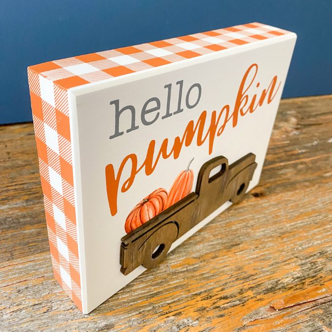 Hello Pumpkin Truck Box Sign available at Quilted Cabin Home Decor.