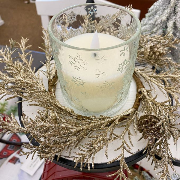 Decorative gold candle wreath. Golden Candle Ring/Small Wreath available at Quilted Cabin Home Decor.