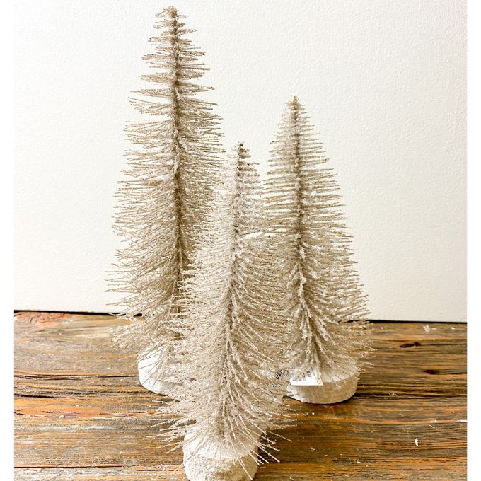 Gold & Glitter Bottle Brush Trees - Three Sizes available at Quilted Cabin Home Decor.