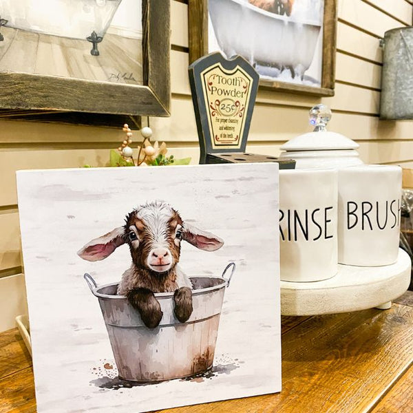 Baby Goat in a Bucket Bathroom Block Sign available at Quilted Cabin Home Decor.