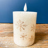 Golden Snowflake Pillar Candles - Three Sizes available at Quilted Cabin Home Decor.