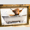 Highland Cow in a Bathtub Framed Print available at Quilted Cabin Home Decor