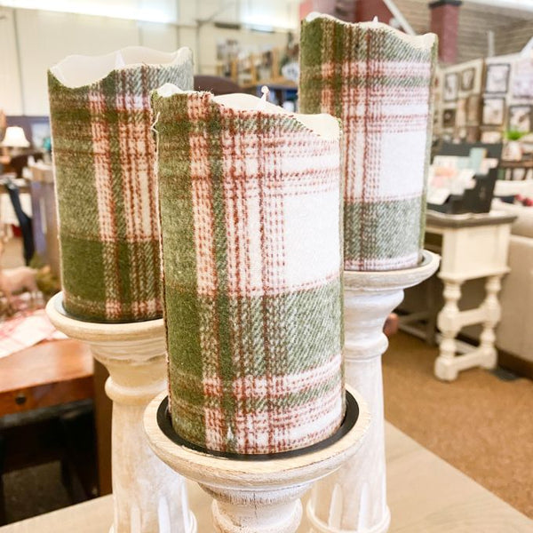 Cozy Green Plaid Timer Pillar Candle available at Quilted Cabin Home Decor.