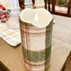 Cozy Green Plaid Timer Pillar Candle available at Quilted Cabin Home Decor.