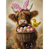 Cute highland cow with Easter bunny ears holding a basket of eggs in a field with flowers and a chick. Easter Highland Cow Block Art available at Quilted Cabin Home Decor.