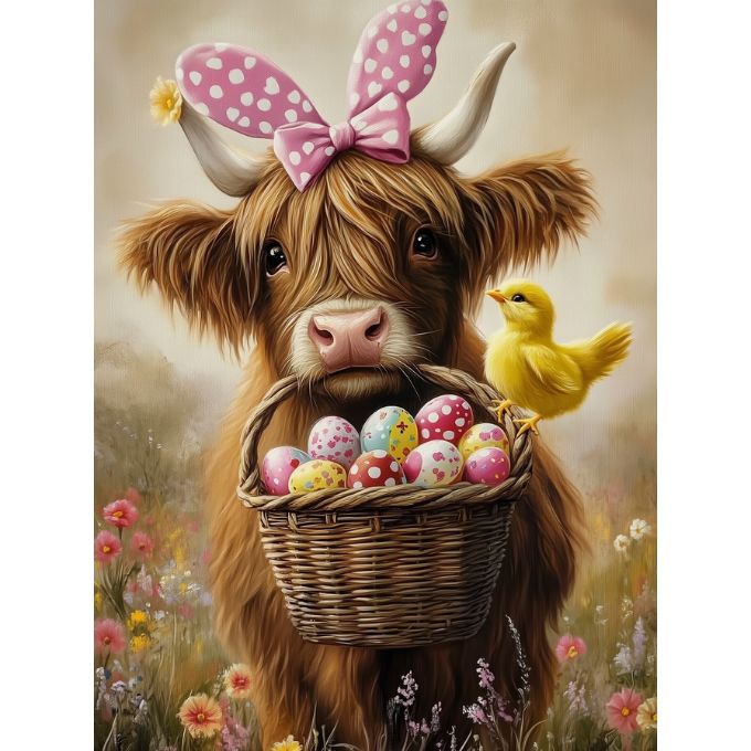 Cute highland cow with Easter bunny ears holding a basket of eggs in a field with flowers and a chick. Easter Highland Cow Block Art available at Quilted Cabin Home Decor.