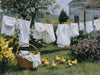 Framed artwork of a scene with laundry hanging on a line, a basket, and ducklings in a garden available at Rustic Ranch Furniture in Airdrie