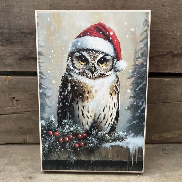 A vertical framed art print depicting a snowy owl wearing a red Santa hat, perched on a snowy branch with red berries against a winter forest background. The print is displayed leaning against a rustic wooden plank surface.  Available at Quilted Cabin in Airdrie