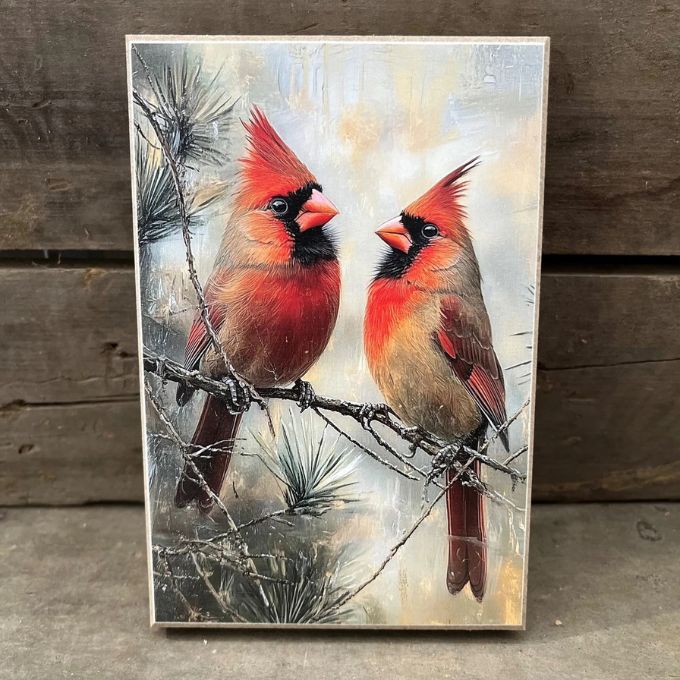 A small wooden block with Two cardinals perched on a branch.  Block available at quilted cabin in Airdrie