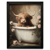 Framed artwork of a Highland cow in a bathtub with flowers. Victorian Highland Tub Box Frame Art available at Quilted Cabin Home Decor.