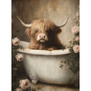 Painting of a highland cow in a bathtub surrounded by flowers. Victorian Highland Tub Box Frame Art available at Quilted Cabin Home Decor.