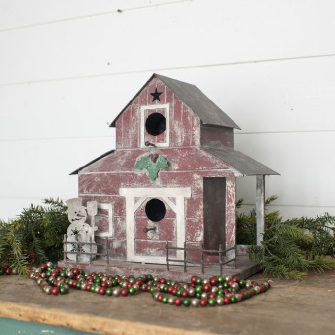 Red Barn Birdhouse with Snowman available at Quilted Cabin Home Decor.