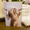 Card with a highland cow wearing a towel on its head, placed on a surface with a towel and text in the background. Just Washed Block Art available at Quilted Cabin Home Decor.