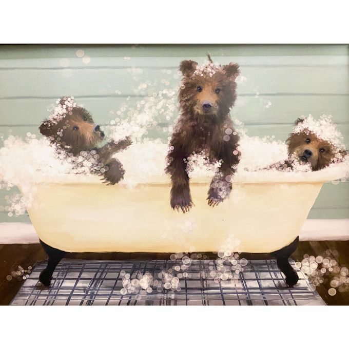 Three Bear cubs in a vintage clawfoot tub with lots of bubbles. Available at Quilted Cabin Home Decor.