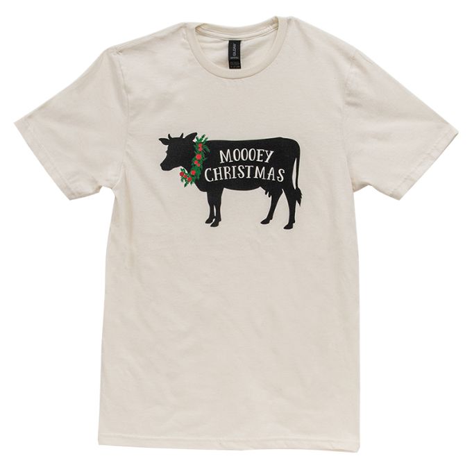 The Mooey Christmas T-shirt is an off white tshirt with a print of a black cow with a red and green wreath on its  neck and Mooey Christmas is printed on it. Available at Quilted Cabin Home Decor.