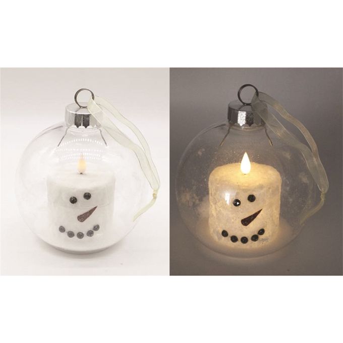 Two sizes of a snowman LED Candle in a clear plastic ornament. Available at Quilted Cabin Home Decor.