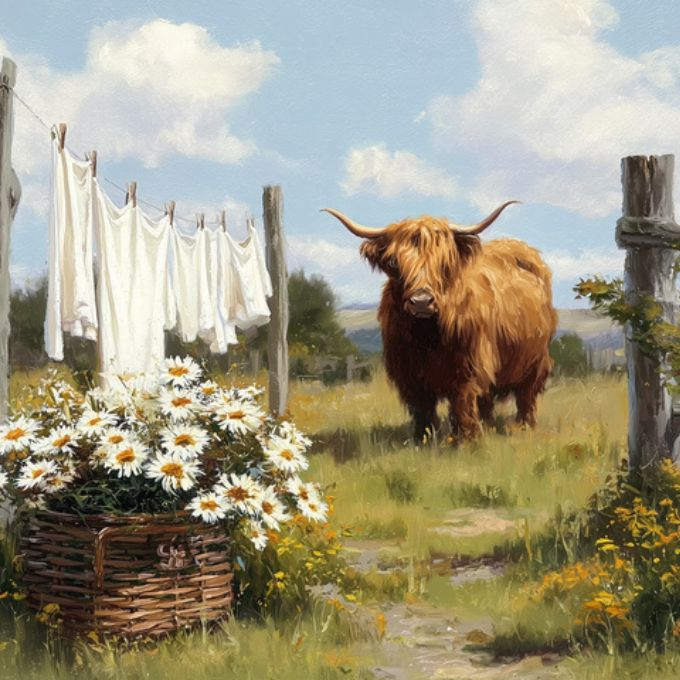 Painting of a cow in a field with flowers and laundry on a line, framed in dark wood available at Rustic Ranch Furniture in Airdrie
