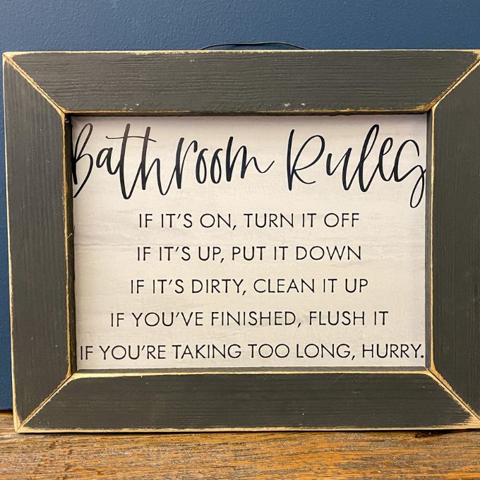 Bathroom Rules Sign available at Quilted Cabin Home Decor.