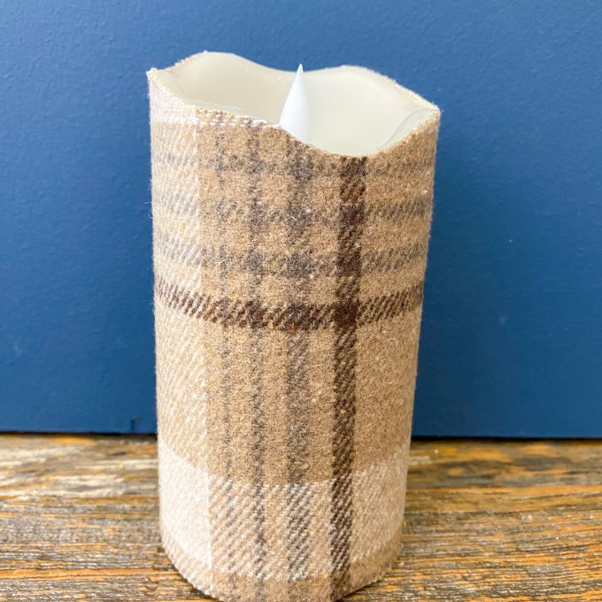 Cozy Natural Plaid Timer Pillar Candles - Two Sizes available at Quilted Cabin Home Decor.